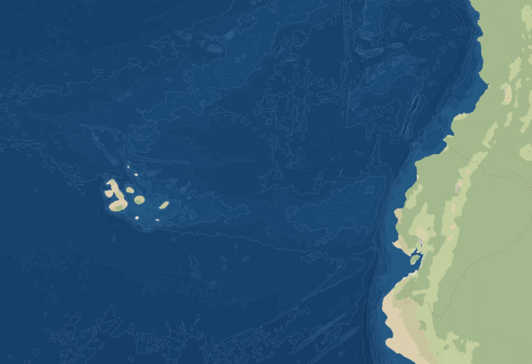 The Galápagos Islands and the coast of Ecuador at close zoom: the islands' platform, the ridges running toward the mainland, and the steep drop along the coast where the Kelvin waves arrive.