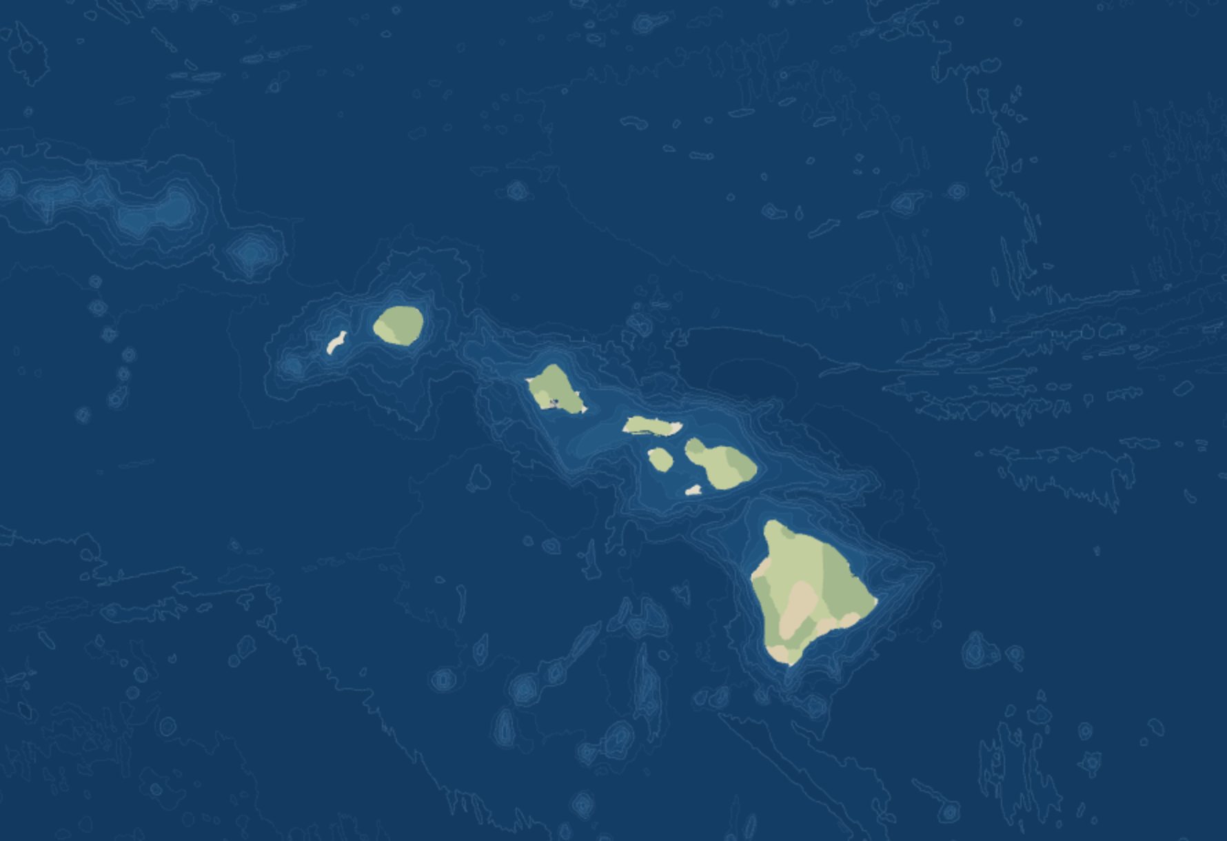 The Hawaiian Islands at close zoom: each island sits on a ridge ringed by contour lines, with seamounts scattered across the surrounding sea floor.