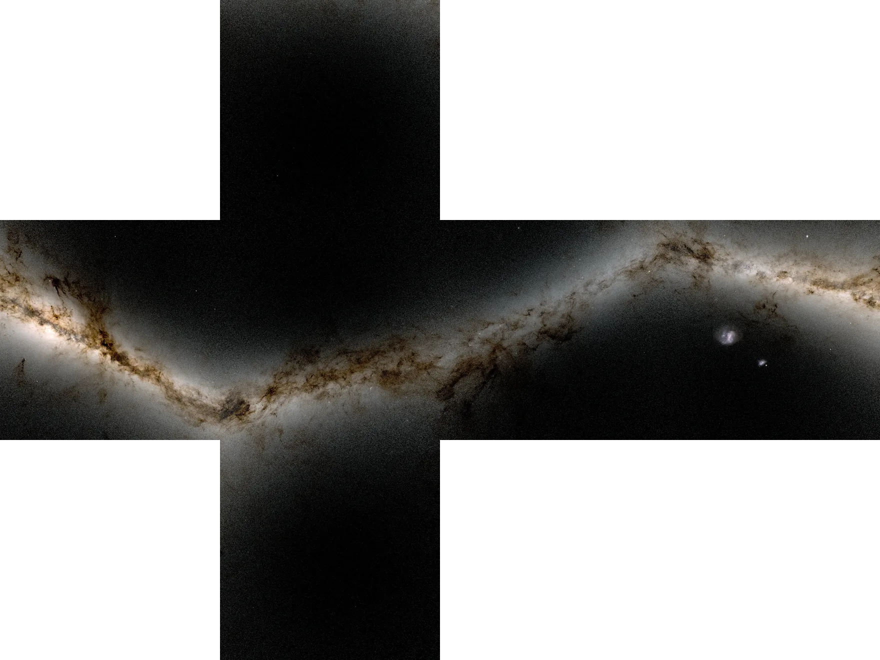 The Milky Way unfolded as six square faces of a cube, laid out as a cross: the bright band and its dark dust lanes run across four of the faces, and the two Magellanic Clouds appear as small patches on one.
